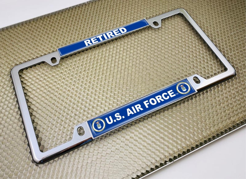 BestLicensePlateFrames [Officially Licensed Product] - USAF - U.S. Air Force Retired - Domed Custom-Made Personalized Narrow (Thin) Top 4 Hole Metal Car License Plate Frame with Free caps - Chrome Frame (Qty: 1) - Image 3